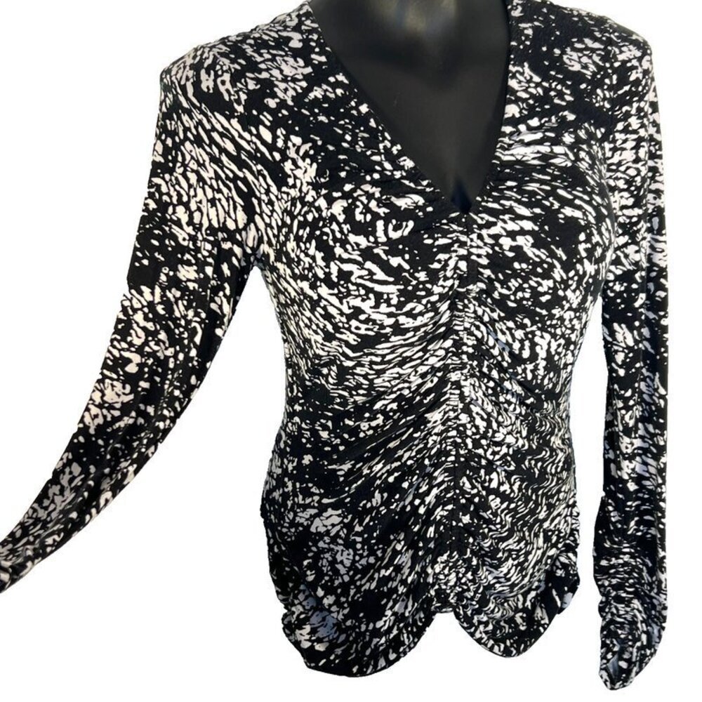 Elie Tahari - Women's S/M Blouse Black White Abstract Print Long Ruched Sleeves - Picture 6 of 16